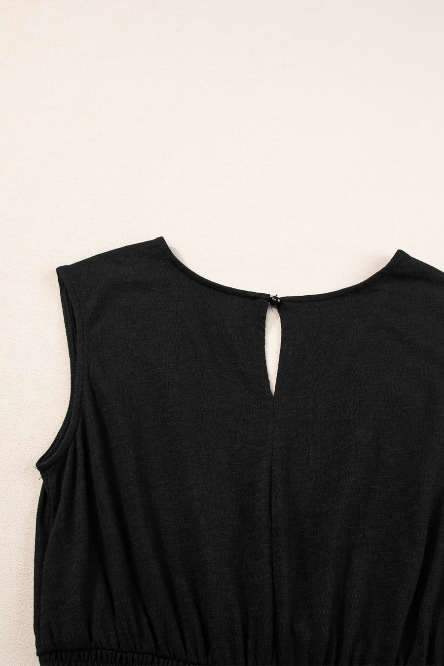 Black Shirred High-Waist V-Neck Sleeveless Jumpsuit