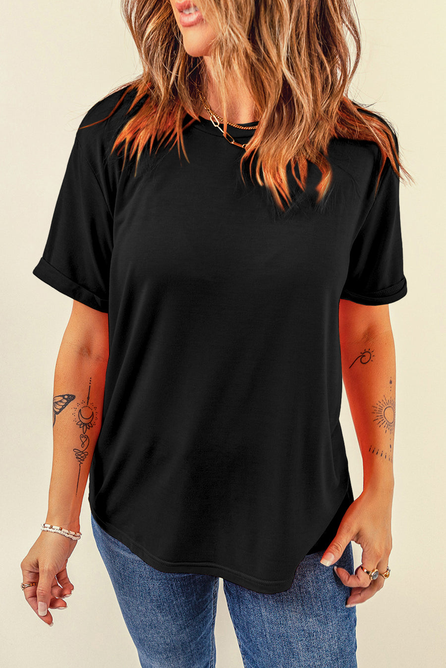 Basic Crew Neck Rolled Sleeve T-Shirt- 12 Colors