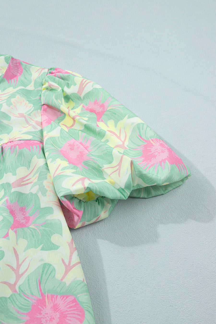 Short Bubble Sleeve Summer Floral Blouse A
