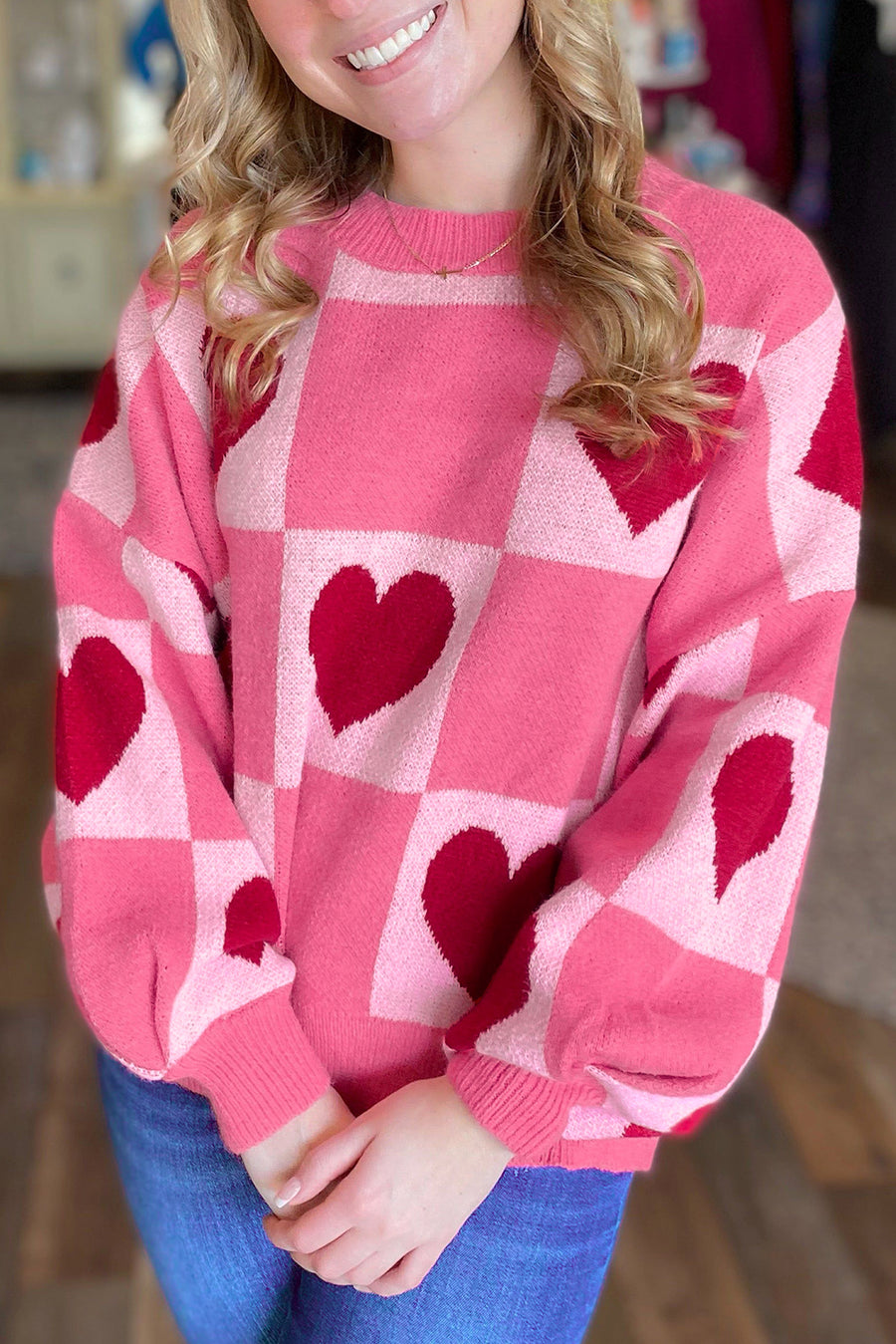 Pink Heart & Checkered Pattern Drop Shoulder Crew Neck Knit Sweater