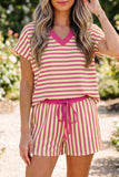 Striped Contrast Trim V-Neck T-Shirt and Drawstring Elastic Waist Shorts Set- 4 Colors
