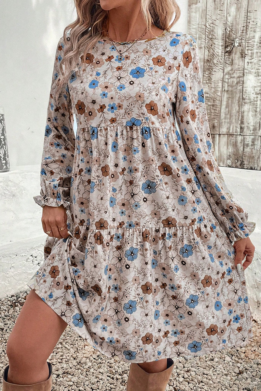 Khaki Floral Print Long Sleeve Tiered Mini Dress