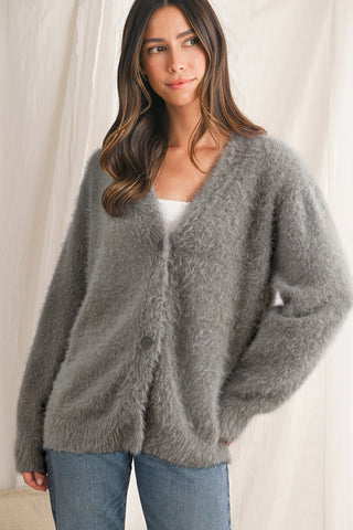 Philippine Gray Fluffy V-neck Button Sweater Cardigan