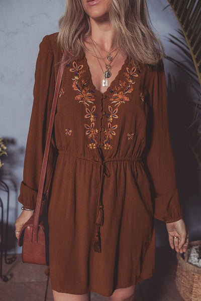 Burgundy Floral Embroidered Tassel Tie Waist Long Sleeve Mini Dress