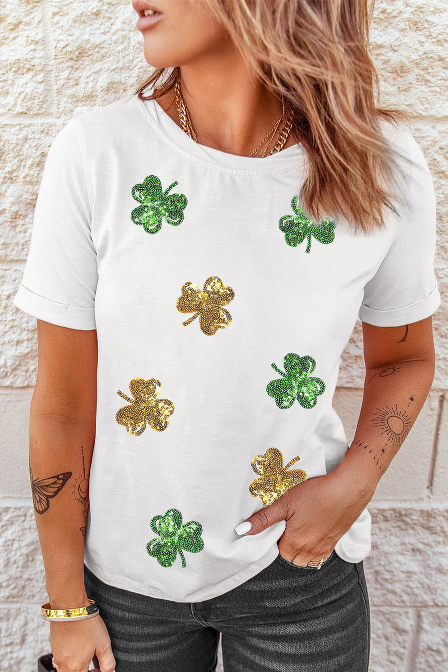 White Sequin Clovers Graphic T-Shirt