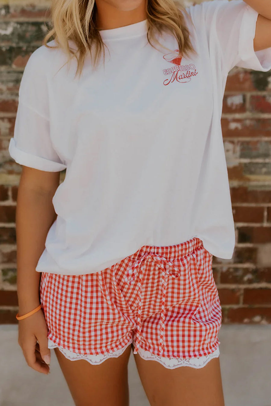 Red Gingham Lace Trim Elastic Waist Shorts