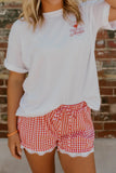 Red Gingham Lace Trim Elastic Waist Shorts