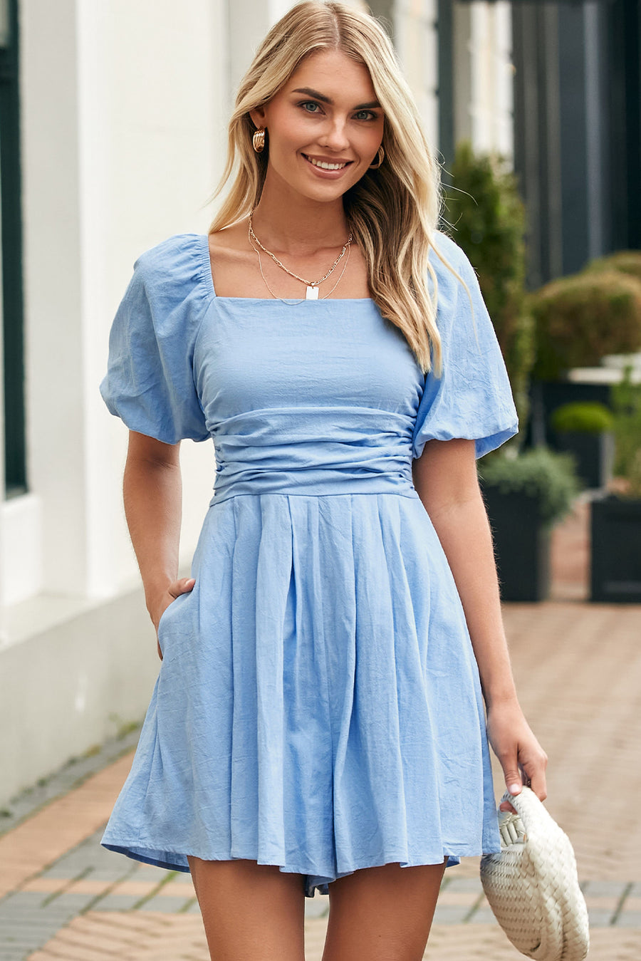 Valerian Square Neck Ruched Puff Sleeve Romper
