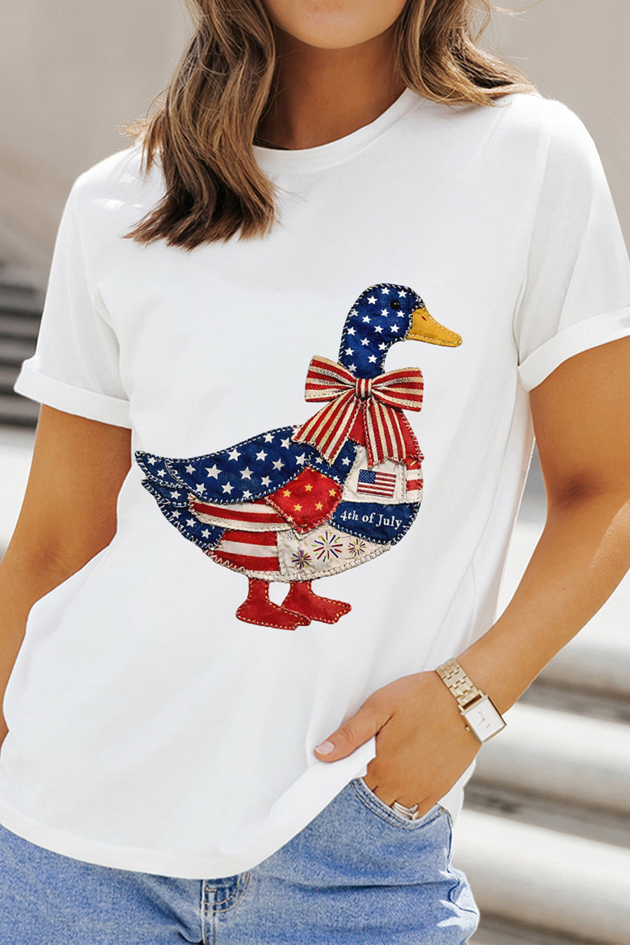 White Faux Patchwork American Print Goose Graphic T-Shirt