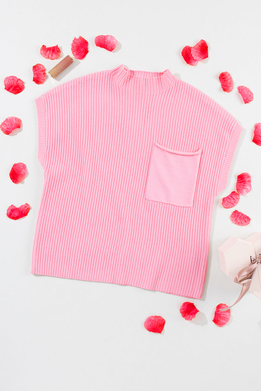 Green Pocket Ribbed Knit Short Sleeve Sweater- 9 Colors