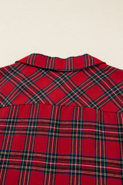 Red Plaid Contrast Color Christmas Holiday Long Sleeve Shirt and Shorts Pajama Set