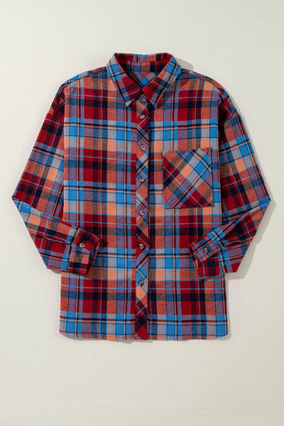 Red Plaid Print Drop Sleeve Loose Shirt Shacket