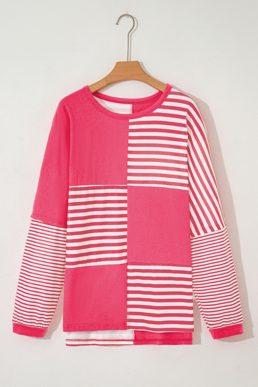 Pink Stripe Color Block Patchwork Drop Shoulder Long Sleeve High-Low Top