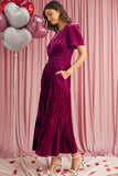 Velvet Puff Short Sleeve Smocked Waist Tiered Maxi Dress with Pockets- 3 Colors