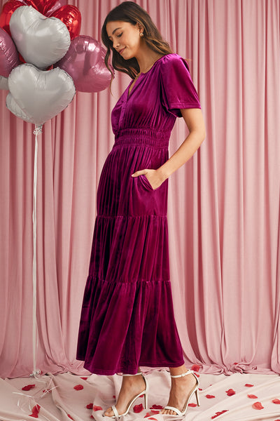 Velvet Puff Short Sleeve Smocked Waist Tiered Maxi Dress- 3 Colors