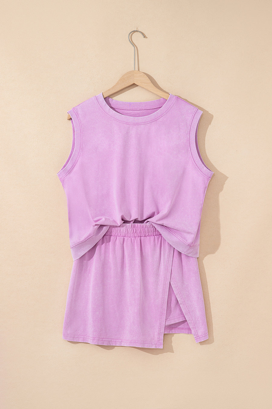 Yellow Cream Solid Color Washed Sleeveless Top Split Skort Cotton 2pcs Outfit