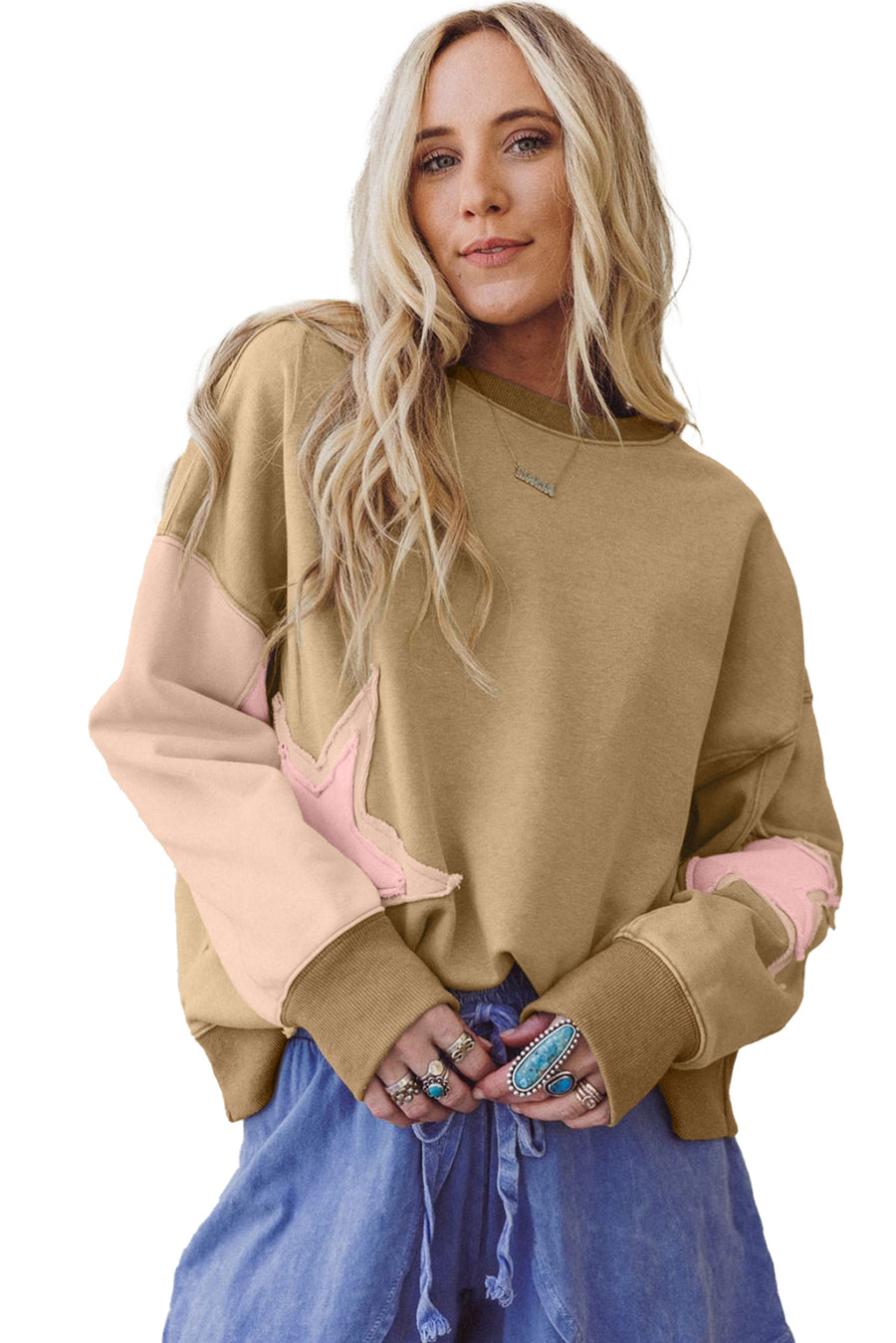 Star Patch Exposed Seam Uneven Hem Sweatshirt- 2 Colors