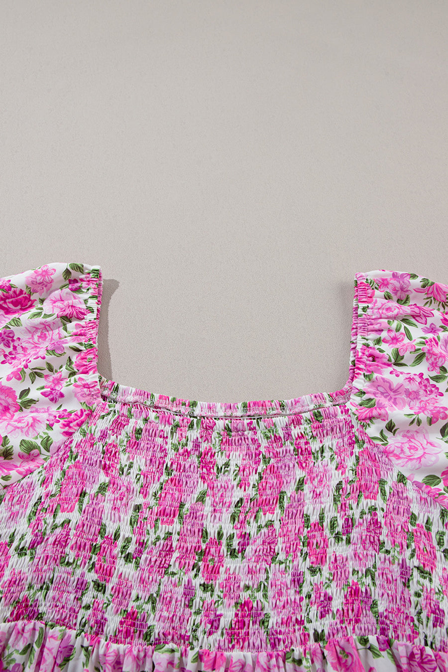 Plus Size Pink Floral Smocked Puff Sleeve Maxi Dress