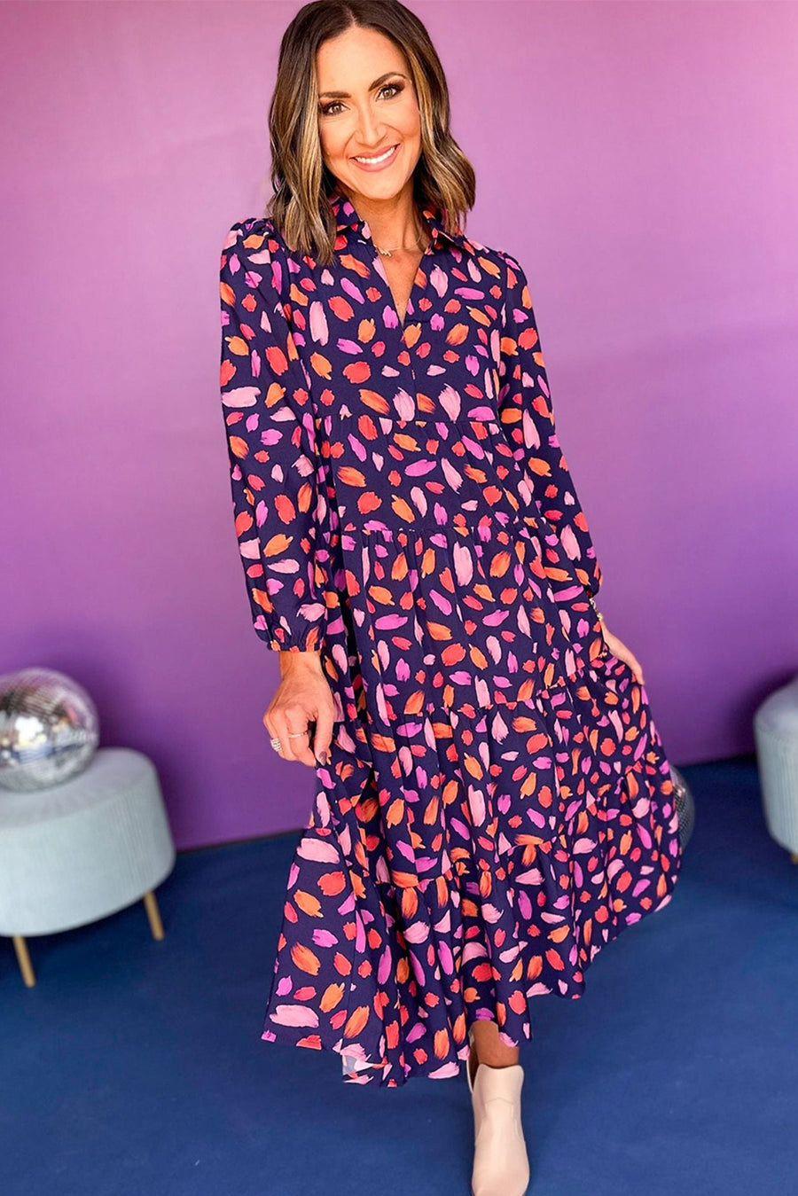 Purple and Orange Multi Floral Print Collared Tiered Flowy Long Sleeve Maxi Dress- 2 Colors