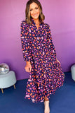 Purple and Orange Multi Floral Print Collared Tiered Flowy Long Sleeve Maxi Dress- 2 Colors