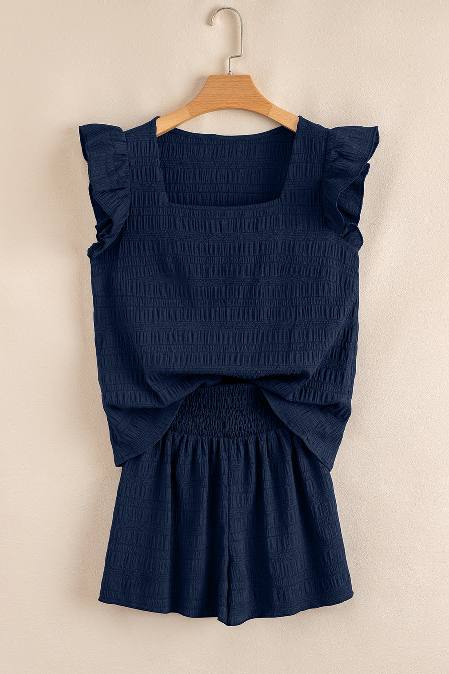 Textured Ruffle Blouse and Shirred High-Waist Shorts Set- 5 Colors