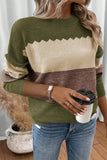 Color Block Crew Neck Drop Shoulder Scallop Detail Sweater- 3 Colors