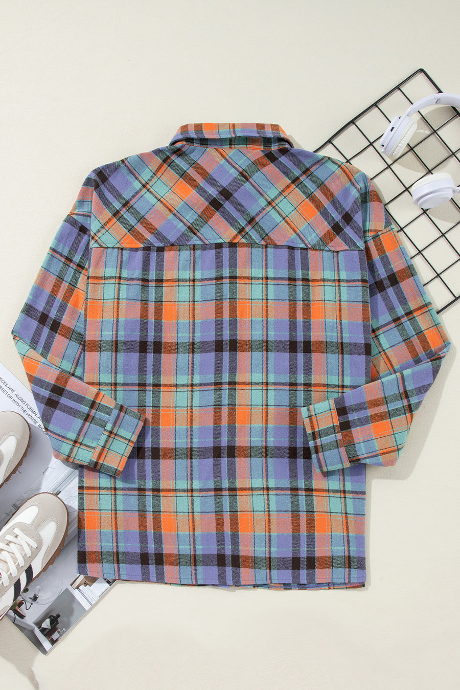 Red Plaid Print Drop Sleeve Loose Shirt Shacket