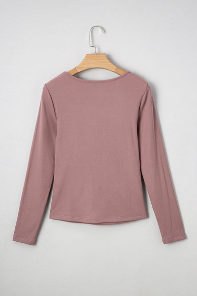 Burgundy Ruched Sweetheart Neck Ribbed Long Sleeve Top