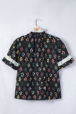 Black Floral Contrast Trim Frilled Neck Ruffled Short Sleeve Blouse