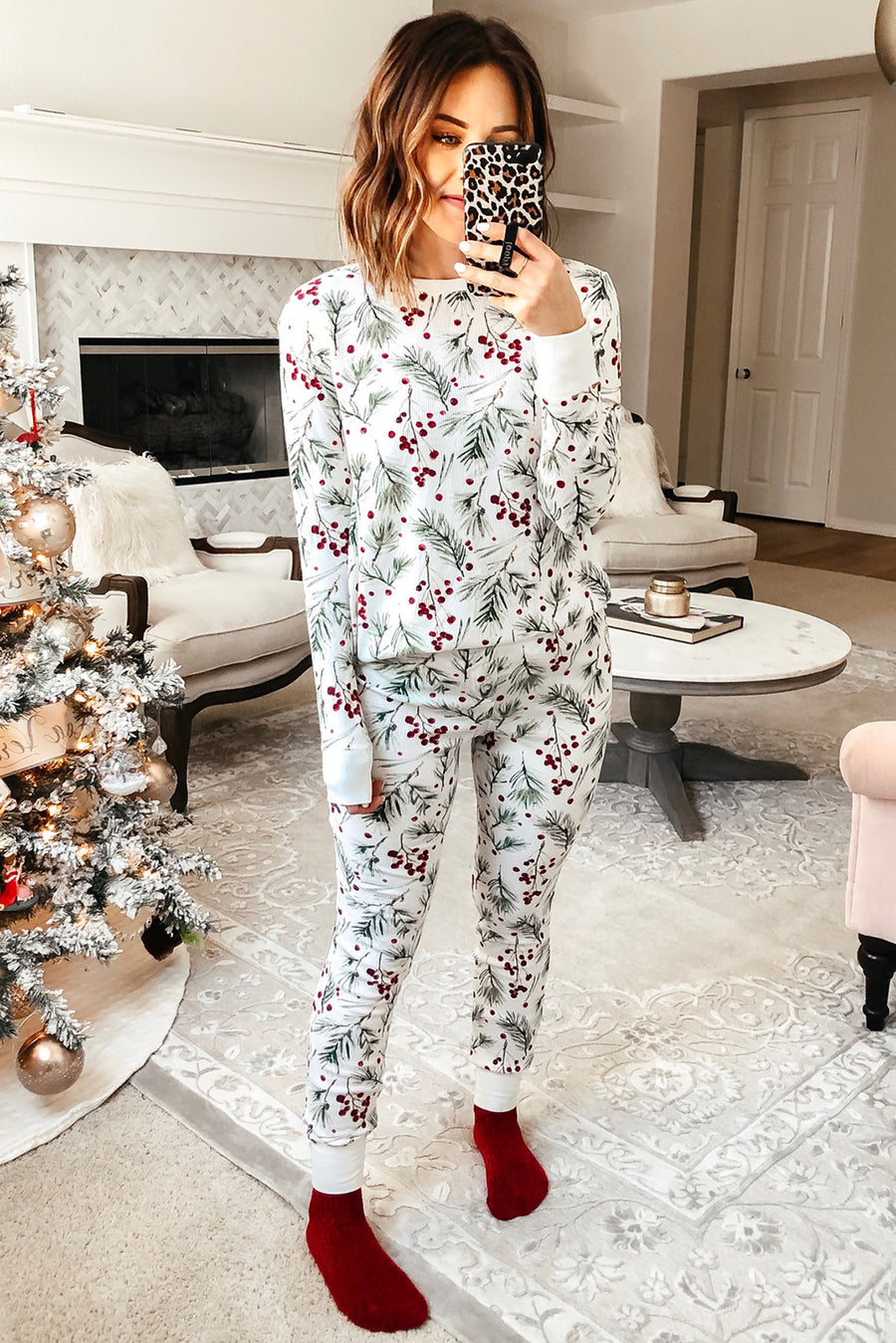 White Holly Print Christmas Long Sleeve Pajama Set