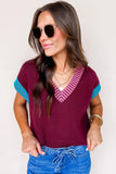 Burgundy Contrast Trim V-Neck Short Sleeve Loose Sweater