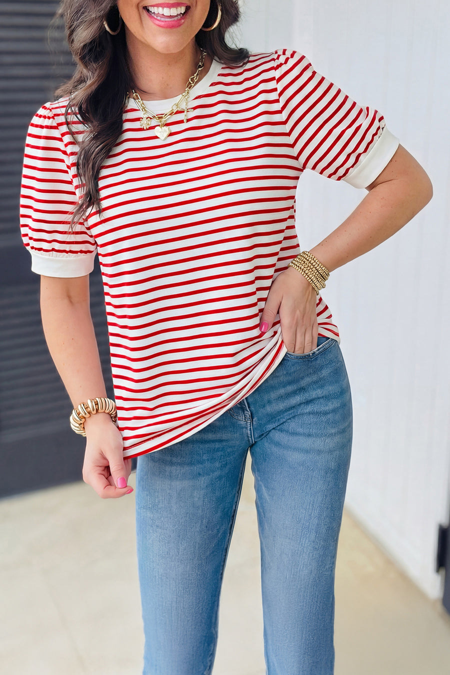 Red Striped Contrast Trim Crew Neck Short Puff Sleeve T-Shirt