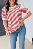 Red Striped Contrast Trim Crew Neck Short Puff Sleeve T-Shirt