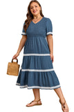 Plus Size Slate Blue V-Neck Swiss Dot Lace Detail Flared Midi Dress with Pockets