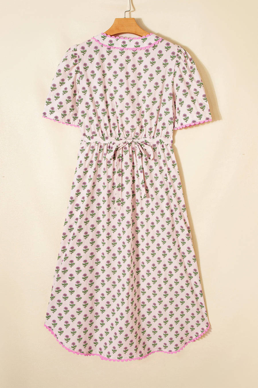 Pink Floral Print V-Neck Scallop Trim Button-Up Short Sleeve Maxi Dress