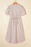 Pink Floral Print V-Neck Scallop Trim Button-Up Short Sleeve Maxi Dress