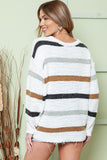 White Multi Striped Popcorn Drop Shoulder Pullover Sweater