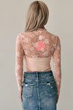 Apricot Pink Mock Neck Floral Lace Mesh Long Sleeve Blouse