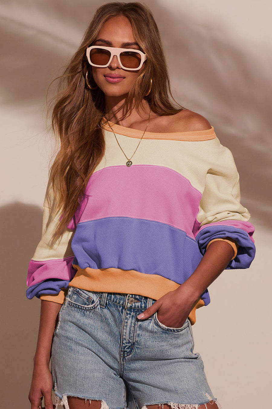 Color Block Patchwork Drop Shoulder Cropped Sweatshirt
