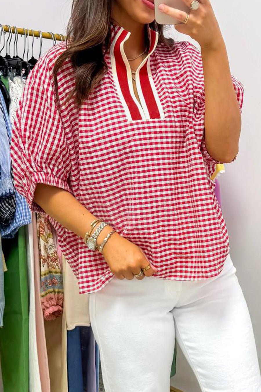Gingham Short Sleeve Color Block Trim Split Neck Blouse- 2 Colors