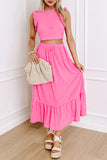 Bright Pink Textured Ruffle Trim Crop Top and Drawstring Skirt Set