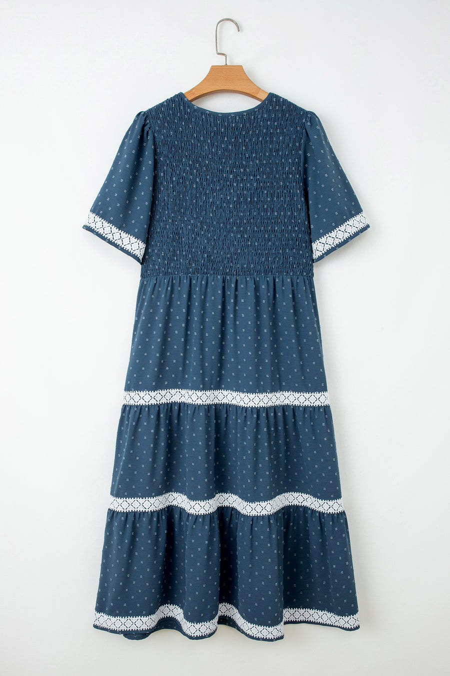 Plus Size Slate Blue V-Neck Swiss Dot Lace Detail Flared Midi Dress with Pockets