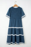 Plus Size Slate Blue V-Neck Swiss Dot Lace Detail Flared Midi Dress with Pockets