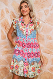 Multicolored Bohemian Floral Collared Ruffle Sleeve Button-Up Mini Dress