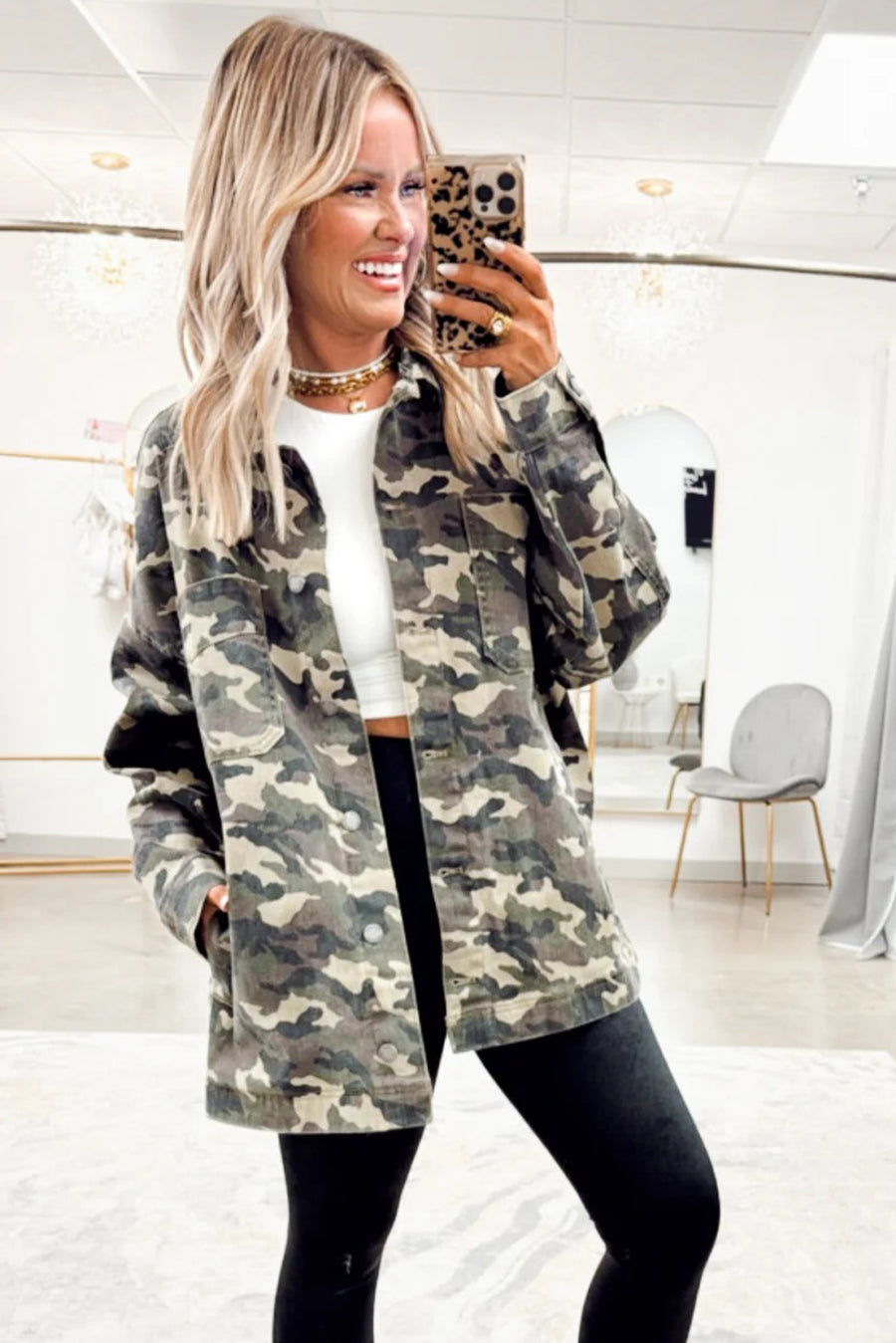 Camouflage Print Chest Pockets Loose Button-Up Denim Jacket