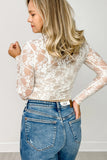 White Sheer Lace Mesh Slim Fit Long Sleeve Top