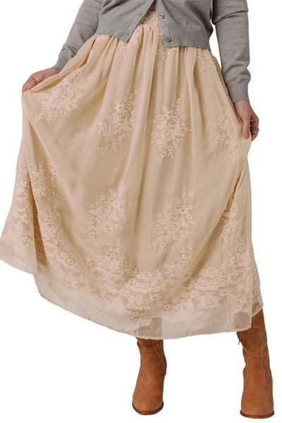 Oatmeal Embroidered Mesh Overlay Flowy Long Skirt