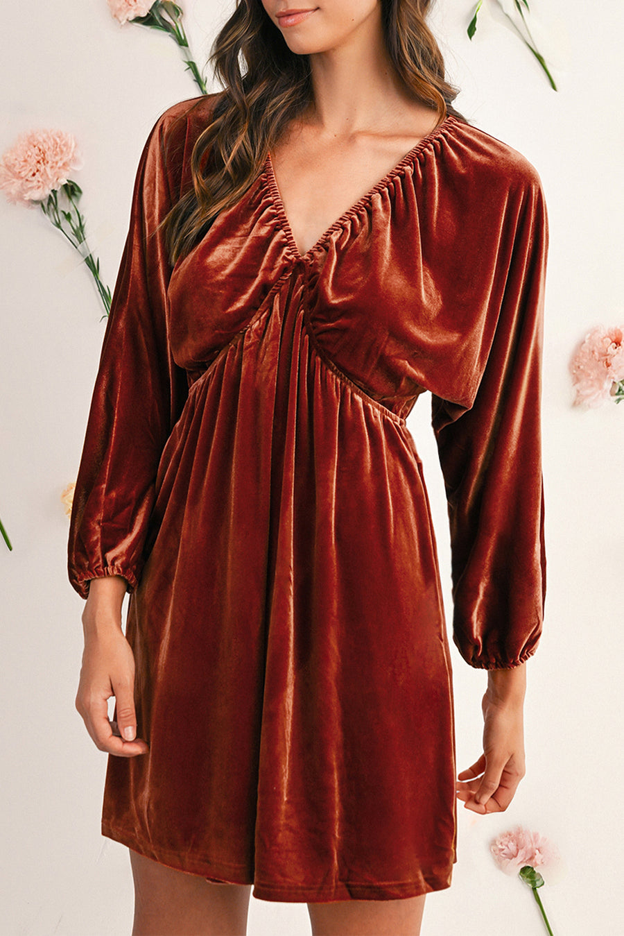 Clay Elastic V-Neck Puff Sleeve Flowy Velvet Dress