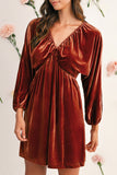 Clay Elastic V-Neck Puff Sleeve Flowy Velvet Dress