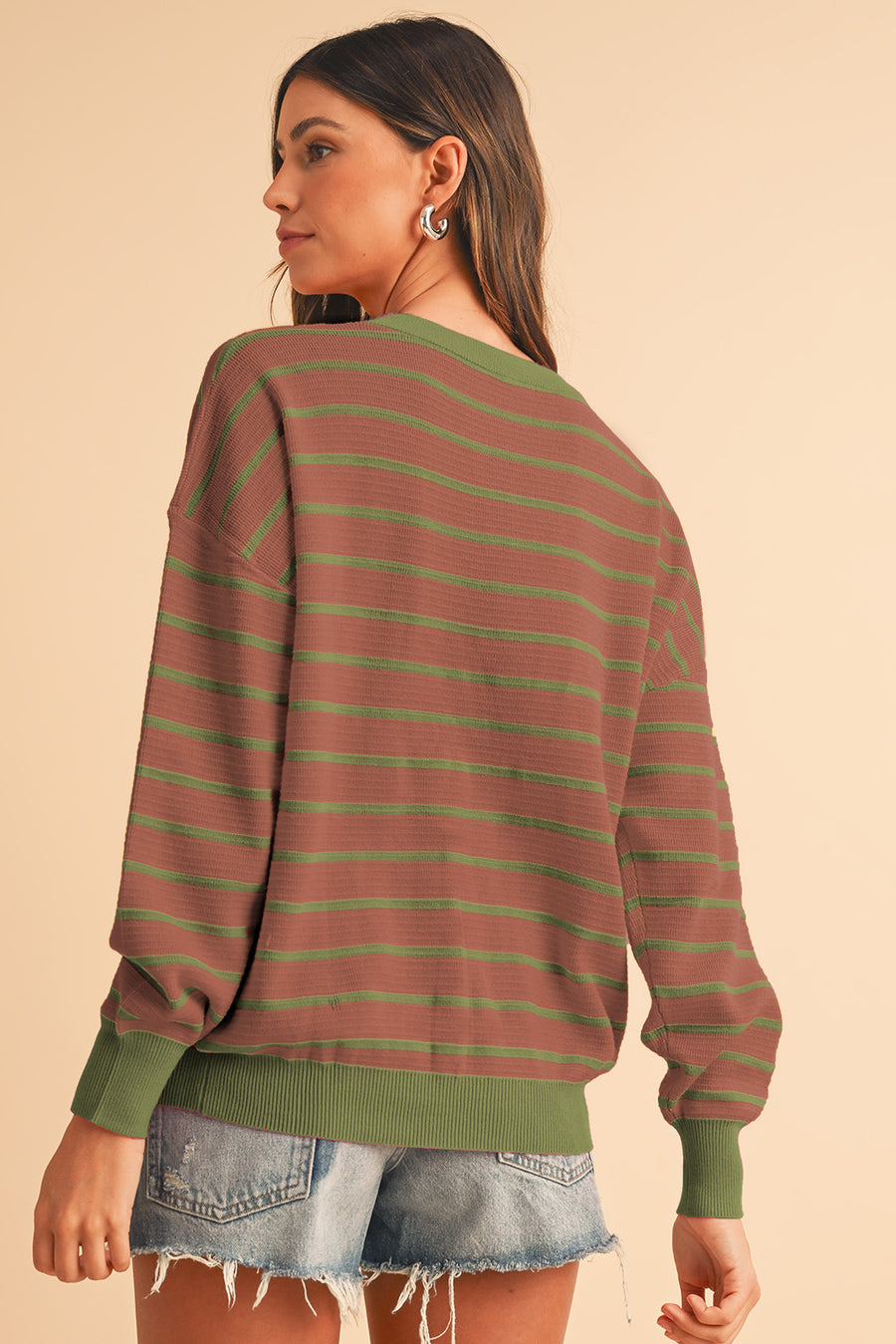 Striped Crew Neck Drop Shoulder Loose Sweater- 3 Colors